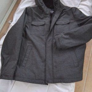 Docker hooded soft shell sherpa lined  dark gray zip and snap closure water resi